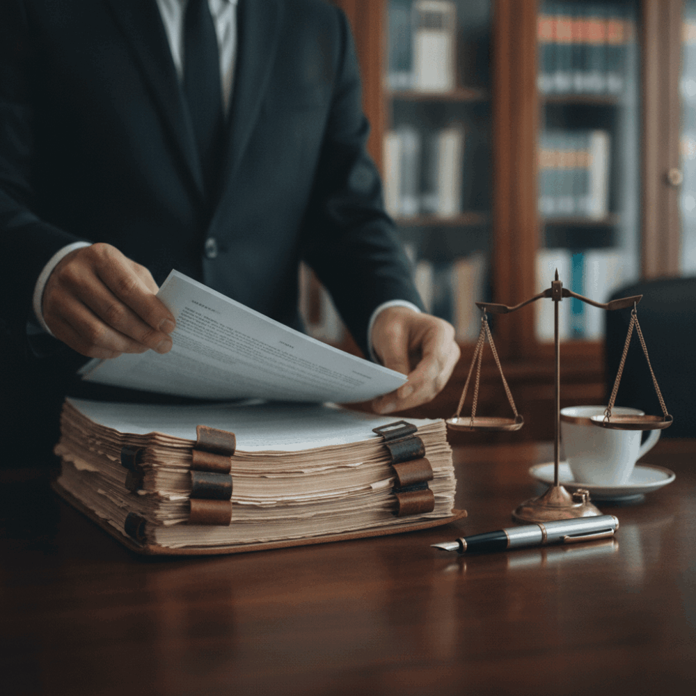 Mains d'avocat feuilletant un dossier papier avec balance de la justice en bronze, symbole des honoraires juridiques
