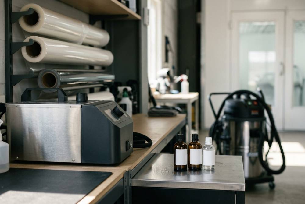 Matériel professionnel de detailing automobile : générateur de vapeur, cabine de pose et produits de traitement dans un atelier assuré