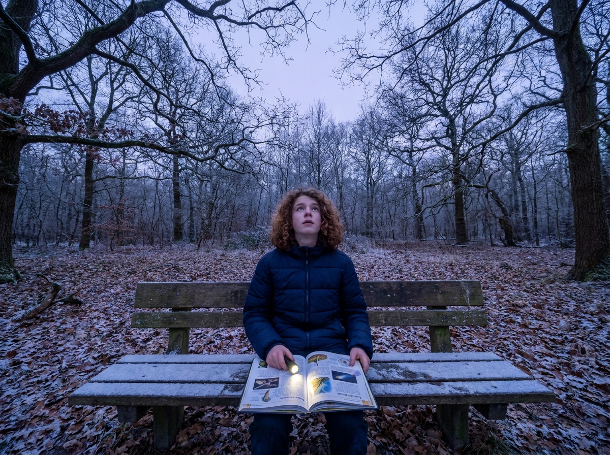 Adolescent dans une forêt hivernale au crépuscule regardant le ciel, symbole de la vision humaine en conditions de faible lumière