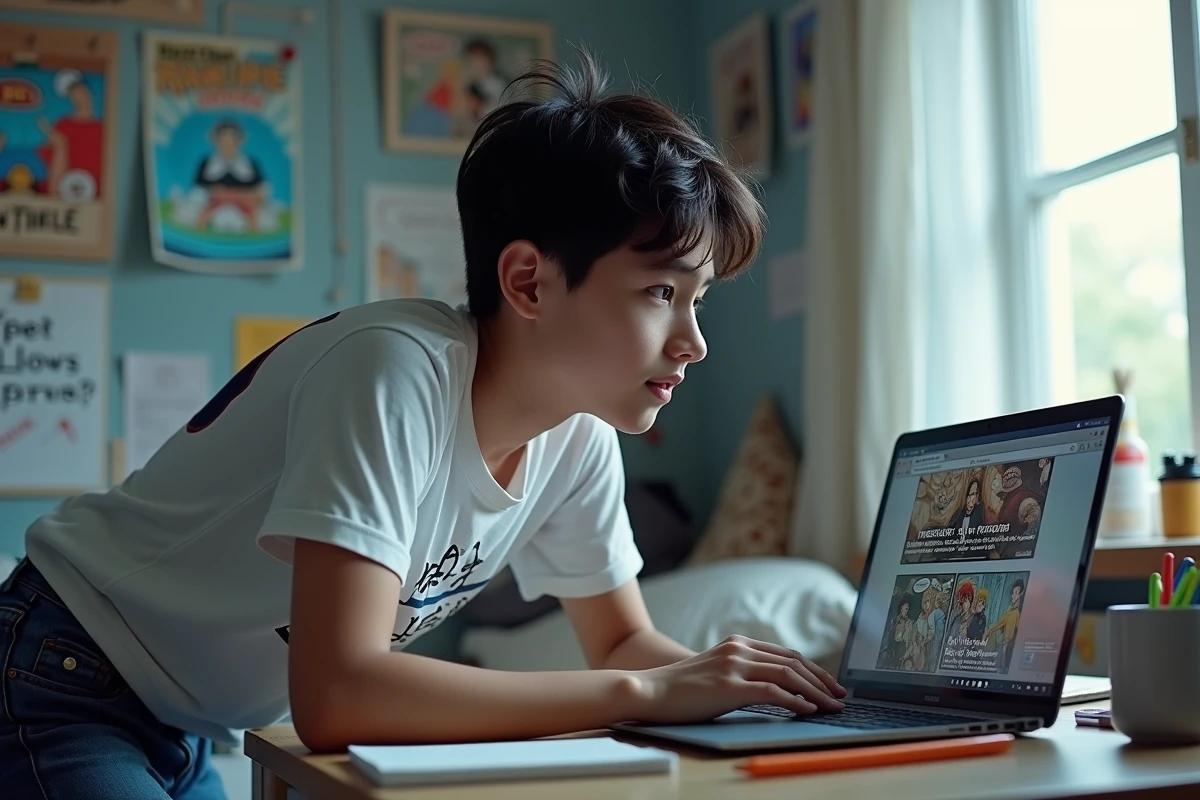 Adolescent lisant un scan One Piece en VF sur un ordinateur portable dans sa chambre d'étudiant