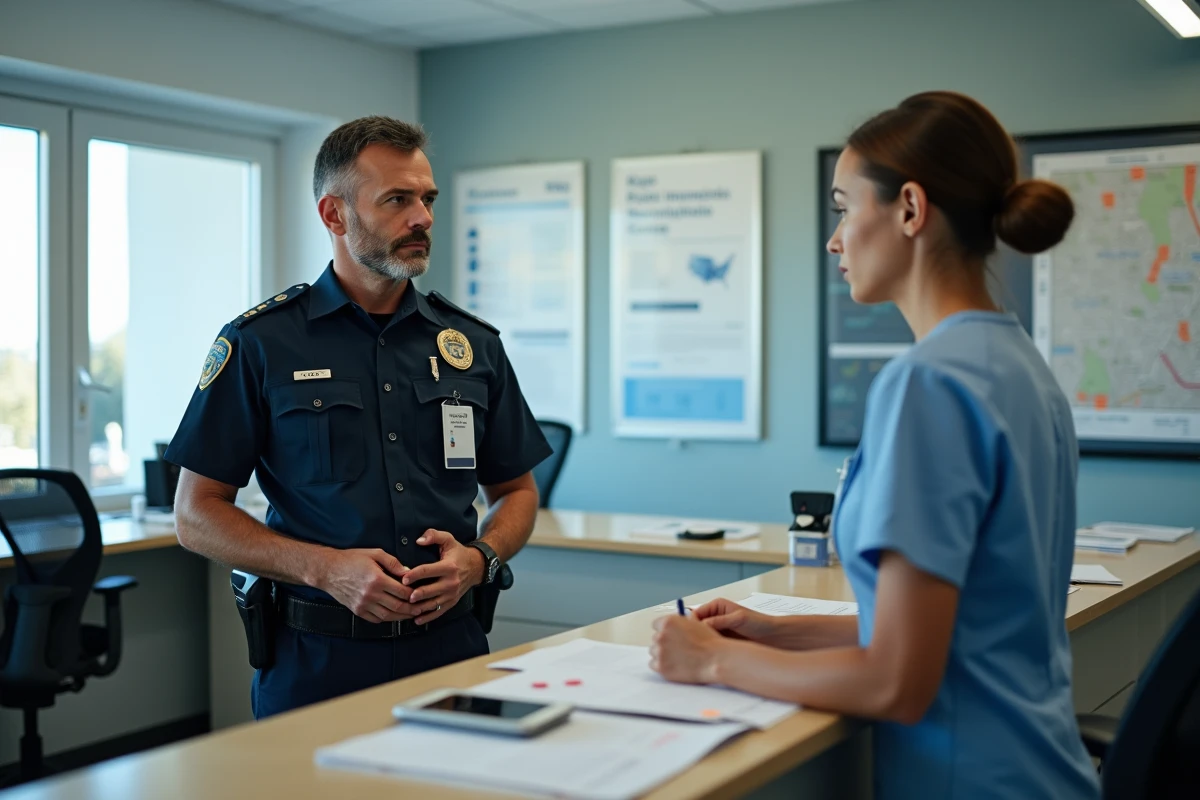 Agent de police et professionnelle de santé en discussion