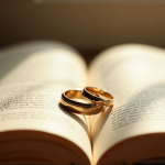 Alliances de mariage sur un livre ouvert symbolisant l'amour durable