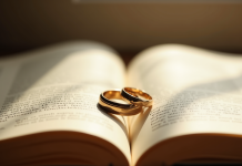 Alliances de mariage sur un livre ouvert symbolisant l'amour durable