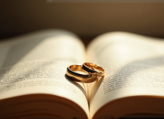 Alliances de mariage sur un livre ouvert symbolisant l'amour durable