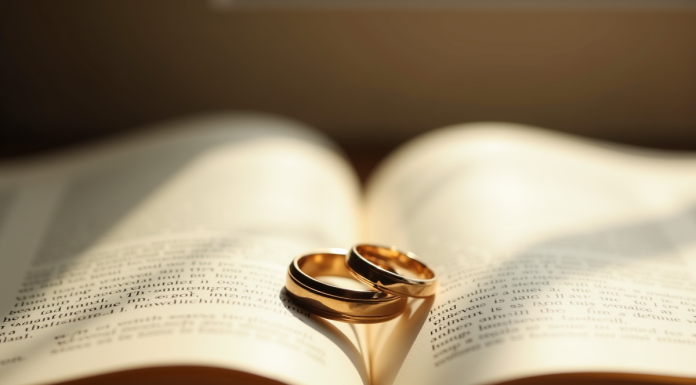 Alliances de mariage sur un livre ouvert symbolisant l'amour durable