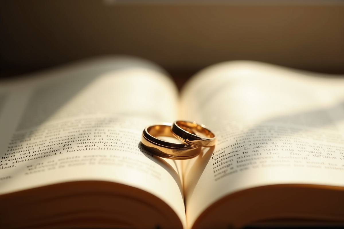 Alliances de mariage sur un livre ouvert symbolisant l'amour durable