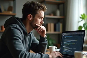 Homme analysant des liens de sites web suspects sur un ordinateur portable pour identifier des clones et arnaques en ligne