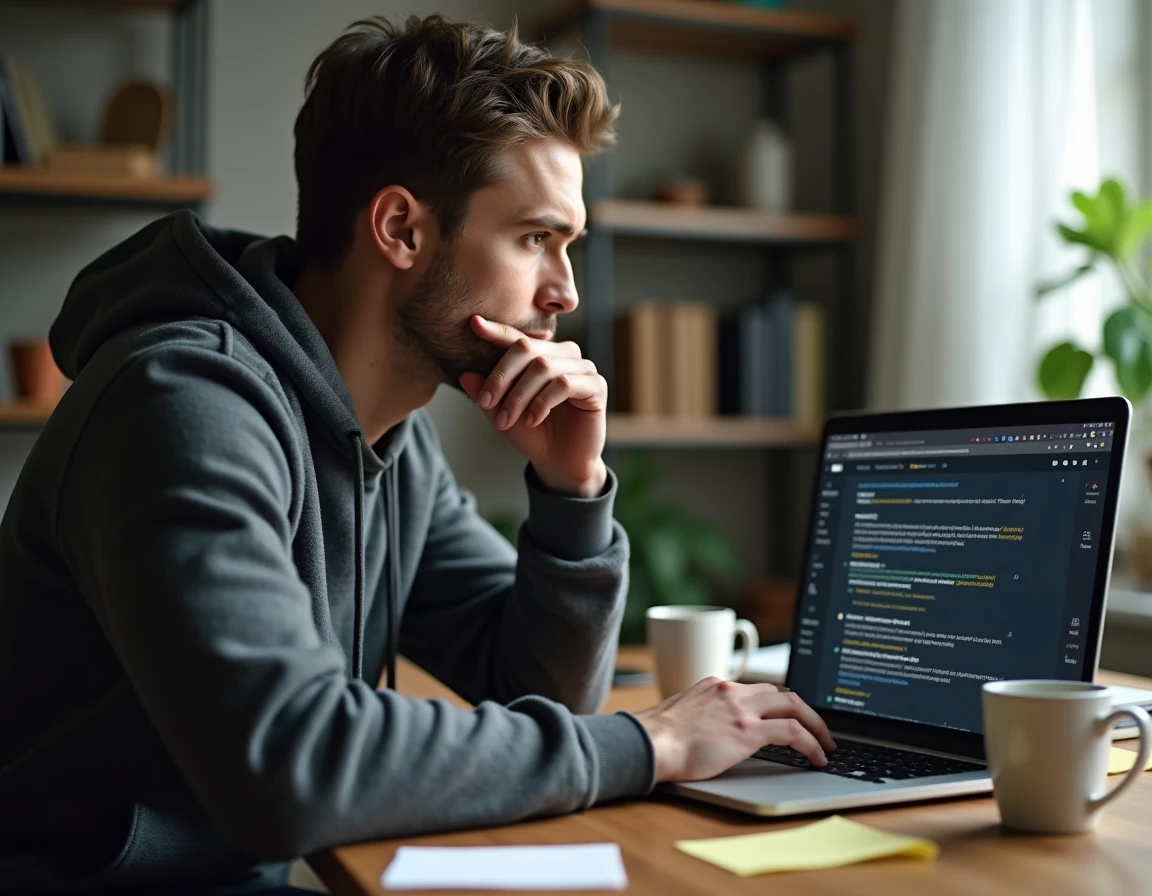 Homme analysant des liens de sites web suspects sur un ordinateur portable pour identifier des clones et arnaques en ligne