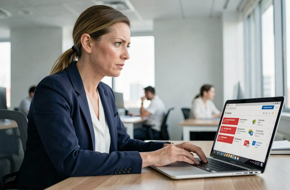 Femme analysant un tableau de bord d'emailing avec des erreurs NPAI sur ordinateur portable en bureau moderne