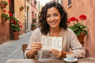 Femme apprenant des expressions de politesse en espagnol dans un café méditerranéen avec un carnet de vocabulaire