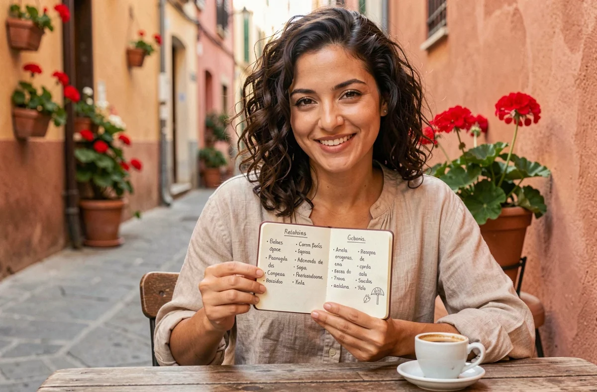 Femme apprenant des expressions de politesse en espagnol dans un café méditerranéen avec un carnet de vocabulaire