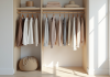 Armoire ouverte avec vêtements neutres bien rangés