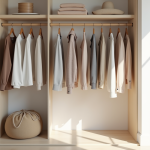 Armoire ouverte avec vêtements neutres bien rangés