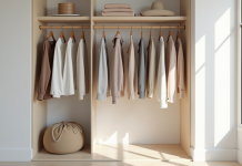 Armoire ouverte avec vêtements neutres bien rangés