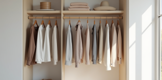 Armoire ouverte avec vêtements neutres bien rangés