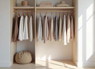 Minimaliste : nombre de vêtements idéal pour être minimaliste Armoire ouverte avec vêtements neutres bien rangés