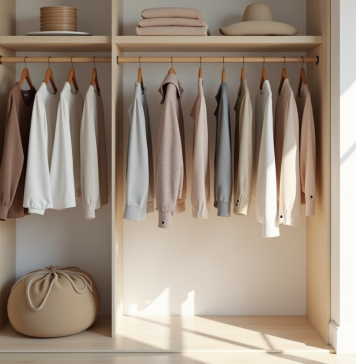 Minimaliste : nombre de vêtements idéal pour être minimaliste Armoire ouverte avec vêtements neutres bien rangés