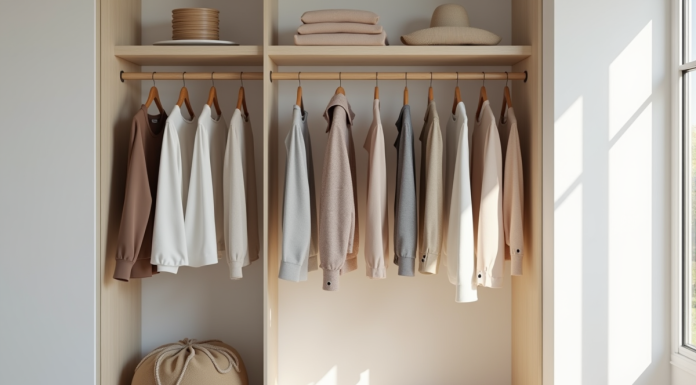 Armoire ouverte avec vêtements neutres bien rangés