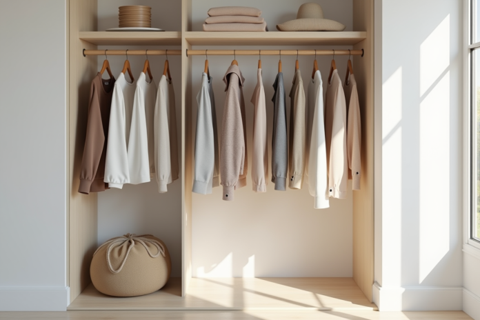 armoire-organisation-neutres Armoire ouverte avec vêtements neutres bien rangés