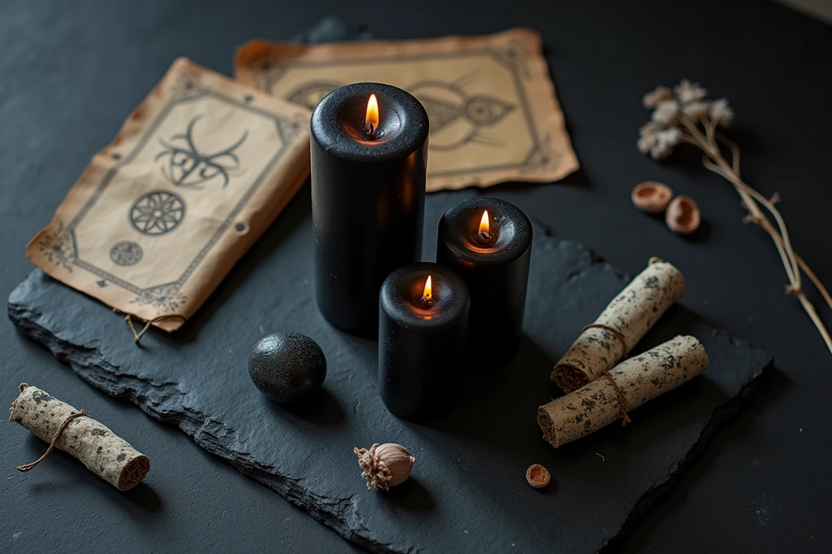 Vue de dessus d'un arrangement de bougies noires avec cartes de tarot et pierres, symbolique ésotérique
