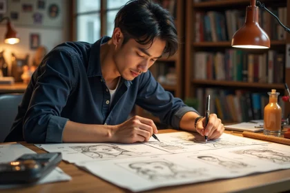 Artiste manga comparant des fiches de personnages Dragon Ball Z GT et Super sur une table de travail en bois dans un studio créatif