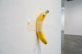 Banane collée avec du ruban adhésif sur un mur de galerie d'art contemporain blanc, représentant l'œuvre conceptuelle Comedian de Maurizio Cattelan