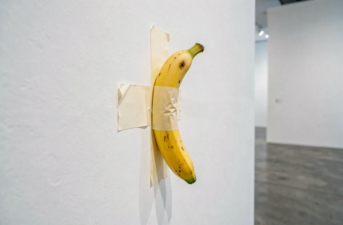 Banane collée avec du ruban adhésif sur un mur de galerie d'art contemporain blanc, représentant l'œuvre conceptuelle Comedian de Maurizio Cattelan