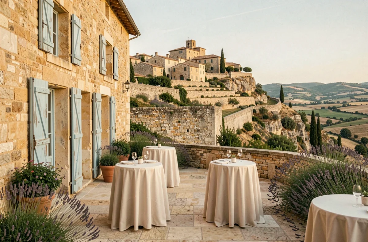 Bastide de Gordes à Gordes dans le Vaucluse, terrasse de réception élégante avec vue panoramique sur le village perché et la vallée du Luberon