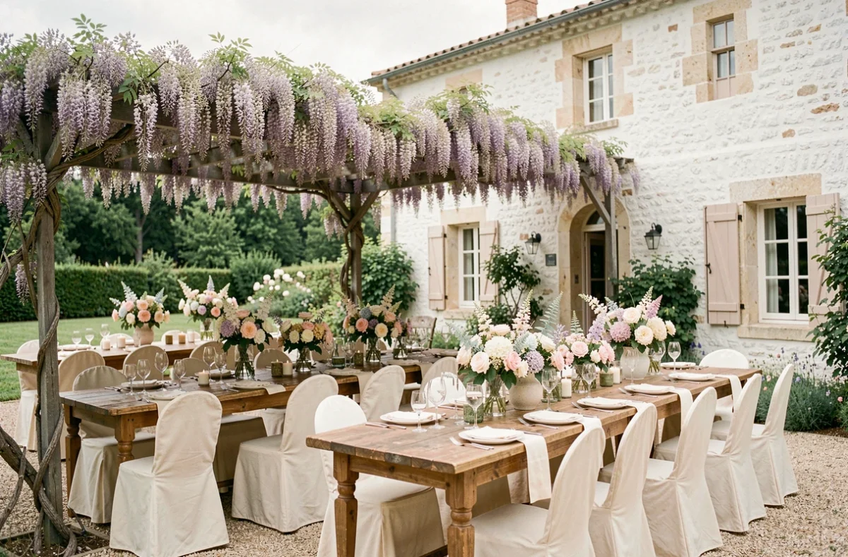 Blanche Fleur à Monteux dans le Vaucluse, bastide blanchie à la chaux avec salle de réception en jardin sous pergola couverte de glycines et tables décorées de fleurs pastel