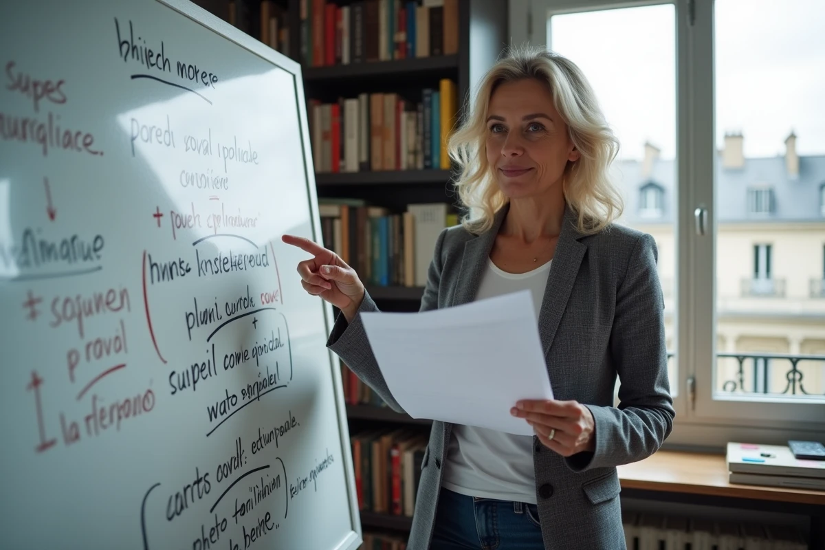 Blogueuse politique devant un tableau blanc avec des noms de sites satiriques français écrits à la main dans un bureau parisien
