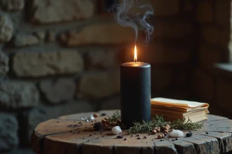 Bougie noire allumée sur un autel en bois avec herbes séchées et cristaux, symbolisme spirituel