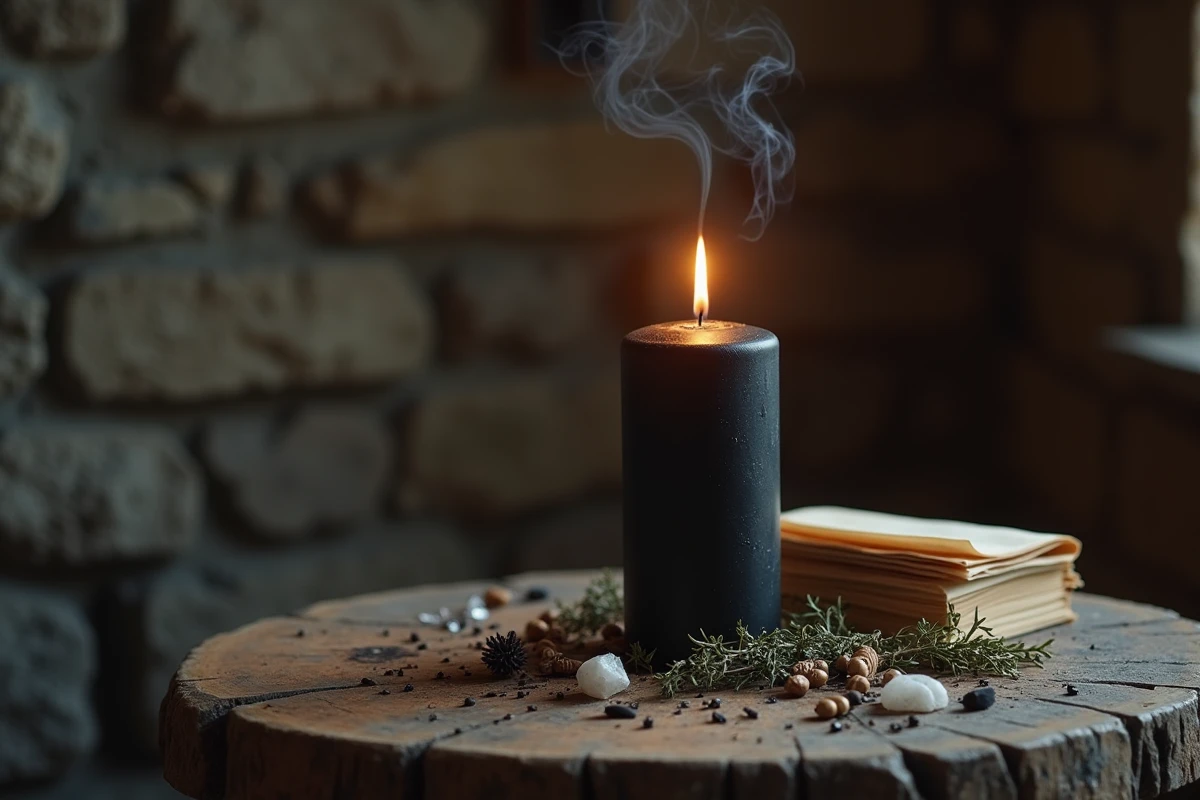 Bougie noire allumée sur un autel en bois avec herbes séchées et cristaux, symbolisme spirituel