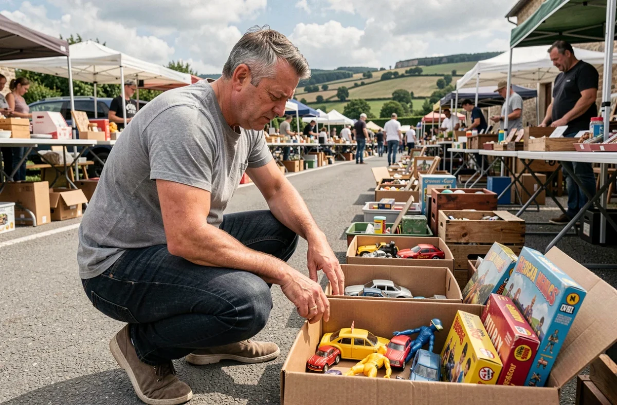 Homme inspectant des jouets anciens dans un vide grenier en plein air dans l'Aveyron ou le Lot