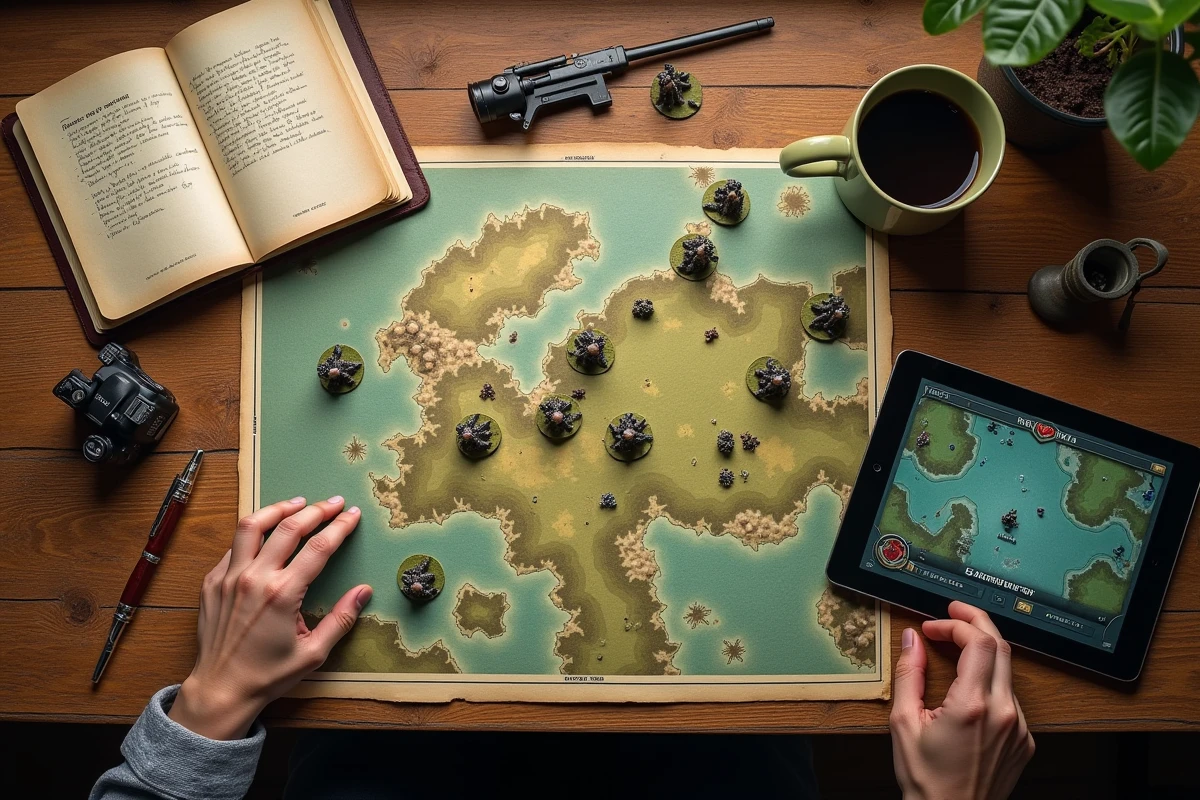 Vue aérienne d'un bureau avec carte de stratégie, figurines militaires et tablette affichant un jeu de guerre en temps réel