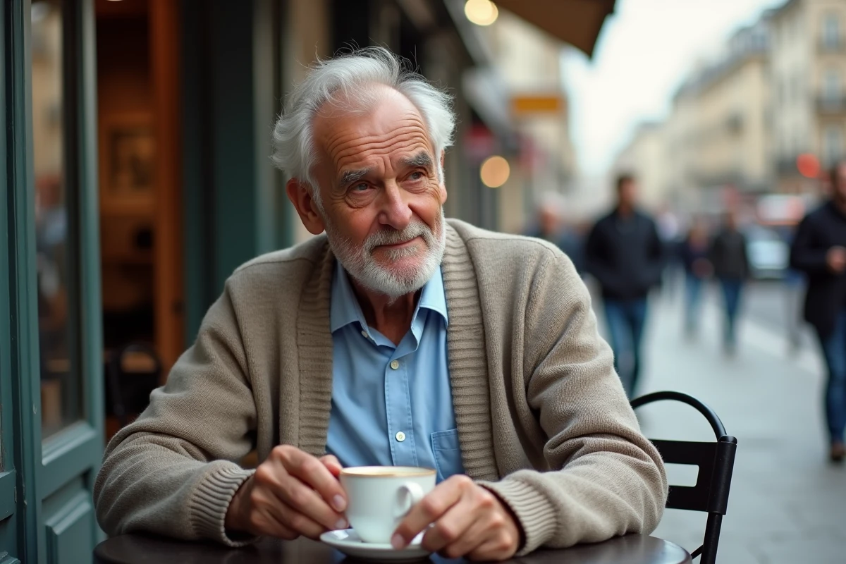 Homme agee en cafe parisien en pleine conversation