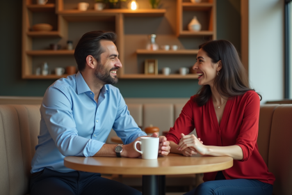 Homme et femme souriants dans un café chic