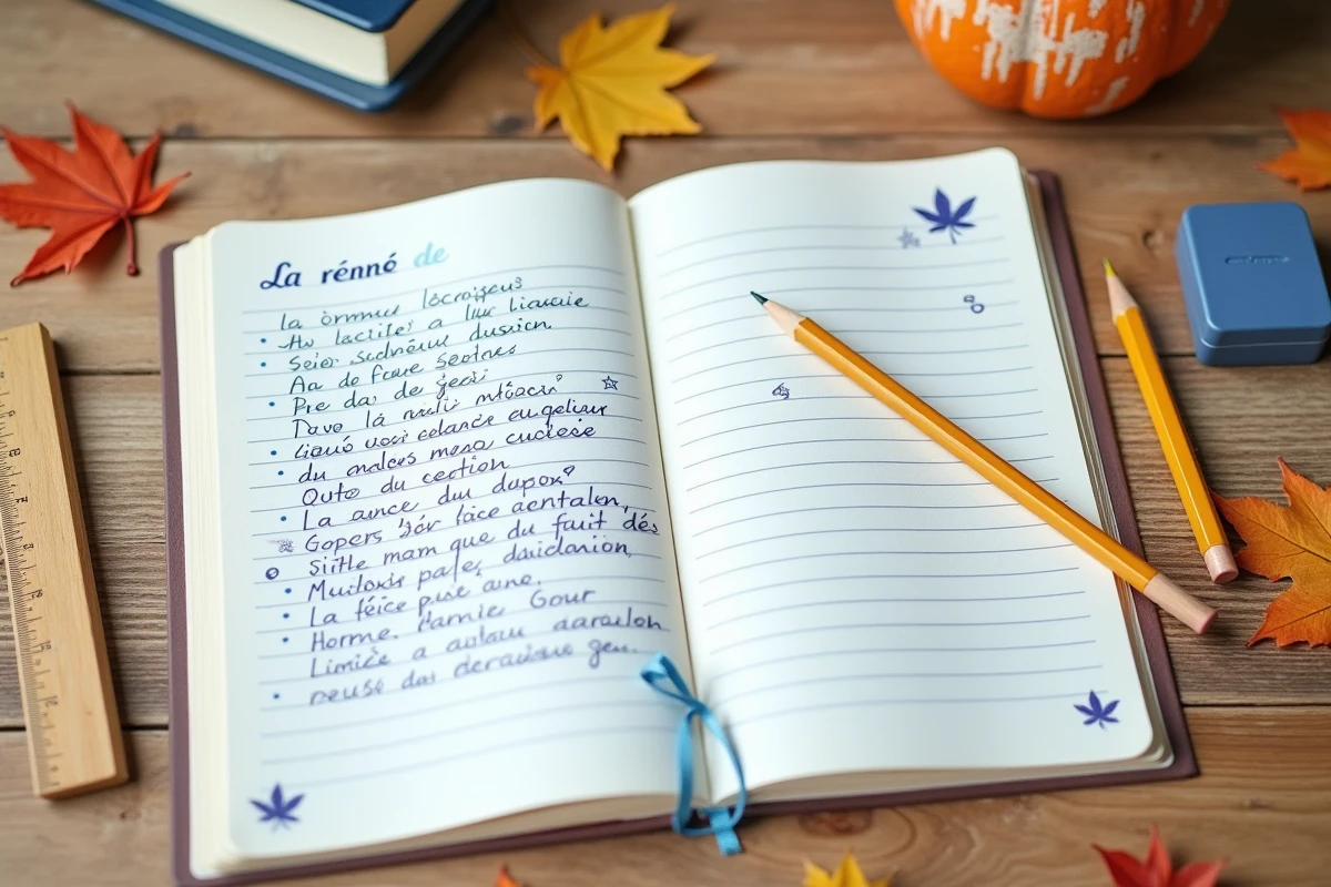 Cahier d'écolier ouvert sur un poème de rentrée manuscrit avec des illustrations de crayons et de feuilles d'automne