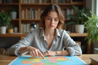 Femme adulte pointant une carte bilingue français-allemand de l'Allemagne posée sur une table en bois, dans un intérieur chaleureux