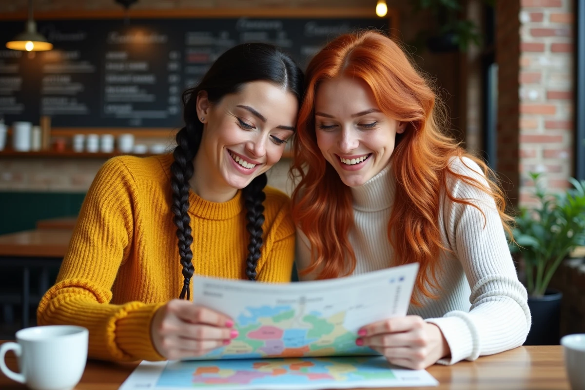 Deux femmes souriantes discutant d'une carte bilingue français-allemand de l'Allemagne dans un café urbain aux murs en briques