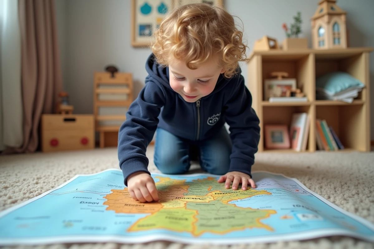 Enfant blond agenouillé sur un tapis étudiant une grande carte bilingue français-allemand de l'Allemagne dans une chambre confortable