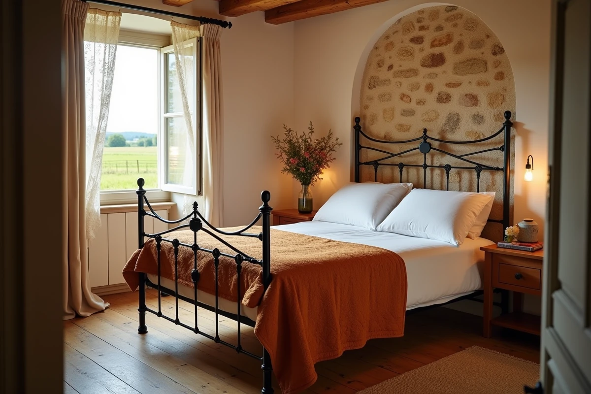 Chambre cosy et authentique d'une chambre d'hôtes en Drôme, avec lit en fer forgé, linge blanc et mur en pierre apparente