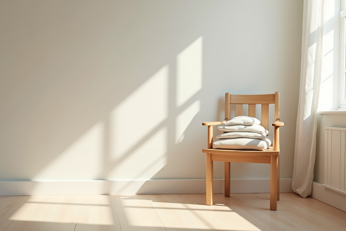 Chambre lumineuse avec chaise en bois et linge plié