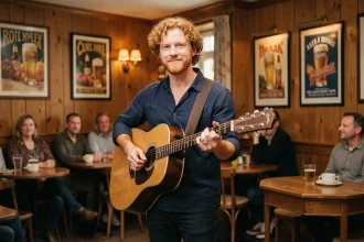 Chanteur anglais roux jouant de la guitare acoustique sur scène dans un pub traditionnel anglais