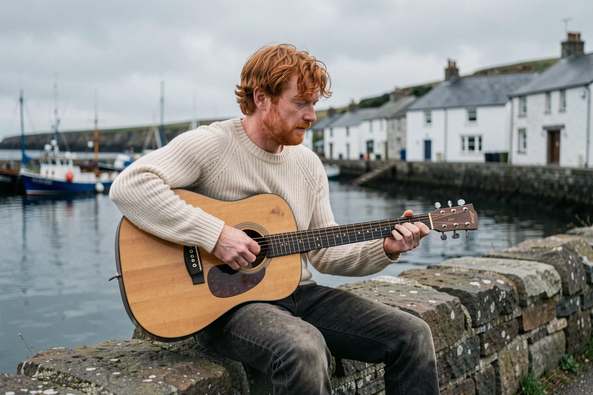 Chanteur roux gallois assis sur un muret de pierre dans un village côtier du Pays de Galles jouant de la guitare