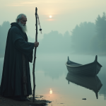 Homme stoique en Charon sur la rive au lever du soleil