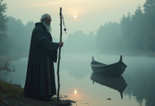 Homme stoique en Charon sur la rive au lever du soleil