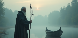 Homme stoique en Charon sur la rive au lever du soleil