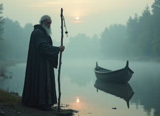 Homme stoique en Charon sur la rive au lever du soleil