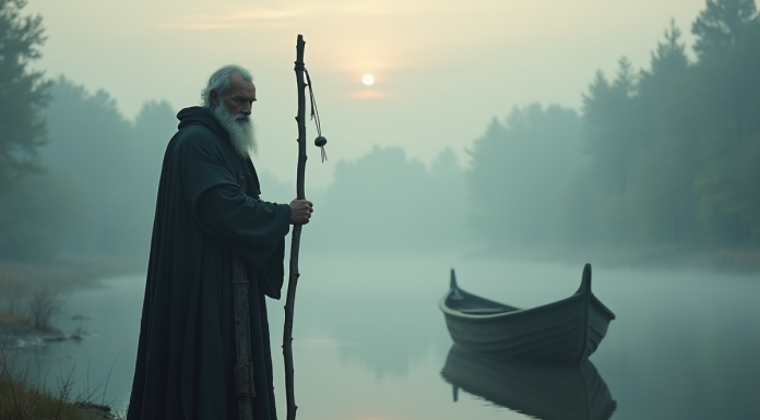 Homme stoique en Charon sur la rive au lever du soleil