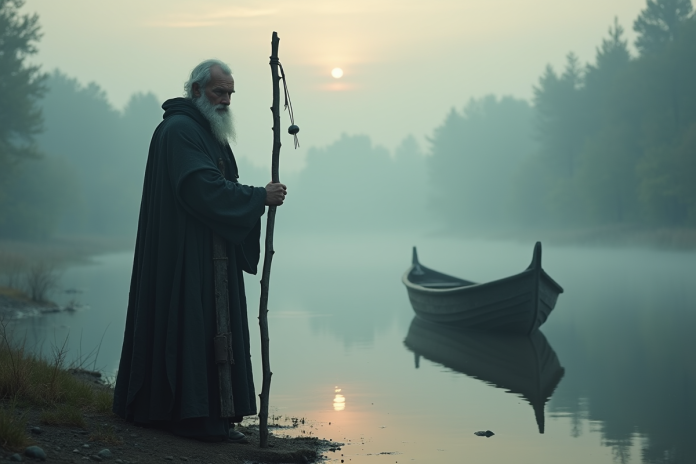 Homme stoique en Charon sur la rive au lever du soleil